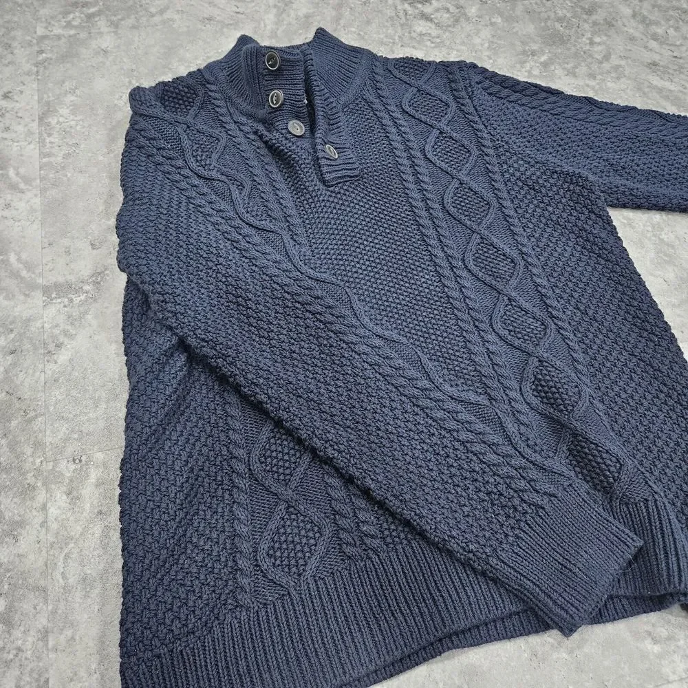 LL Bean Signature Fisherman Button Henley Sweater Blue‎ Cable Knit MENS XL Mock